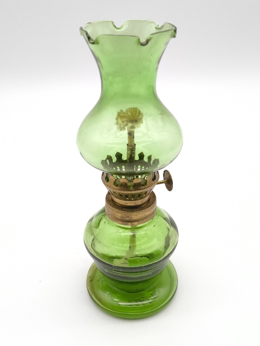 Vintage Green Glass Kerosene Lamp, Miniature Night Lamp, MCM